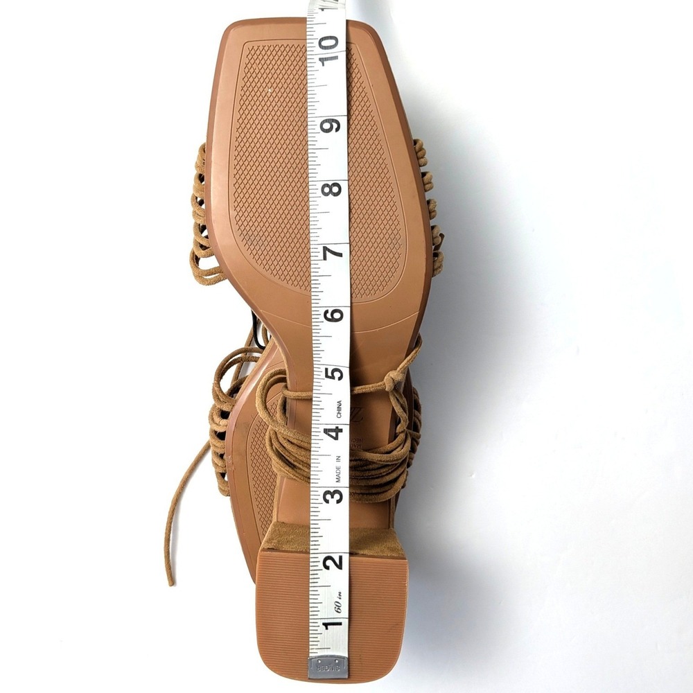 ZARA Lace Up Block Heel Sandals Brown Faux Suede Square Toe Strappy Sz 41 / 10.5 - Picture 13 of 14